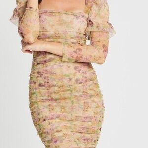 Misguided Pastel Floral Sheer and Ruched Puff Sleeve Midi Dress